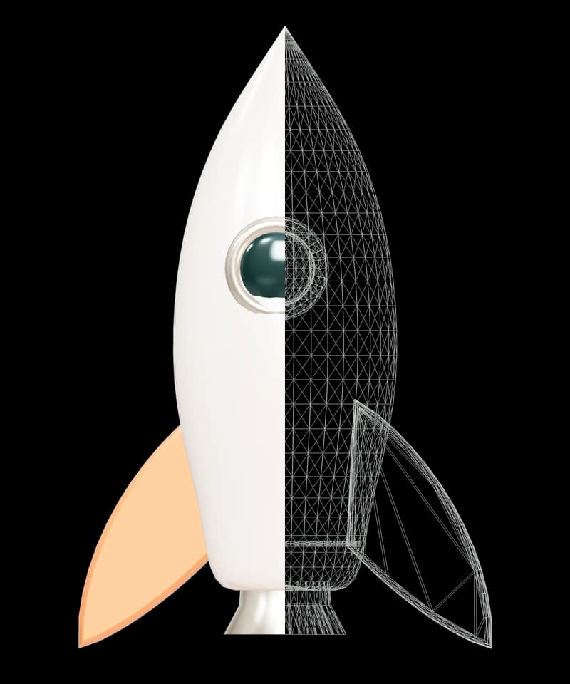 HalfRocket: sculpted imagination on one side, engineered wireframe on the other