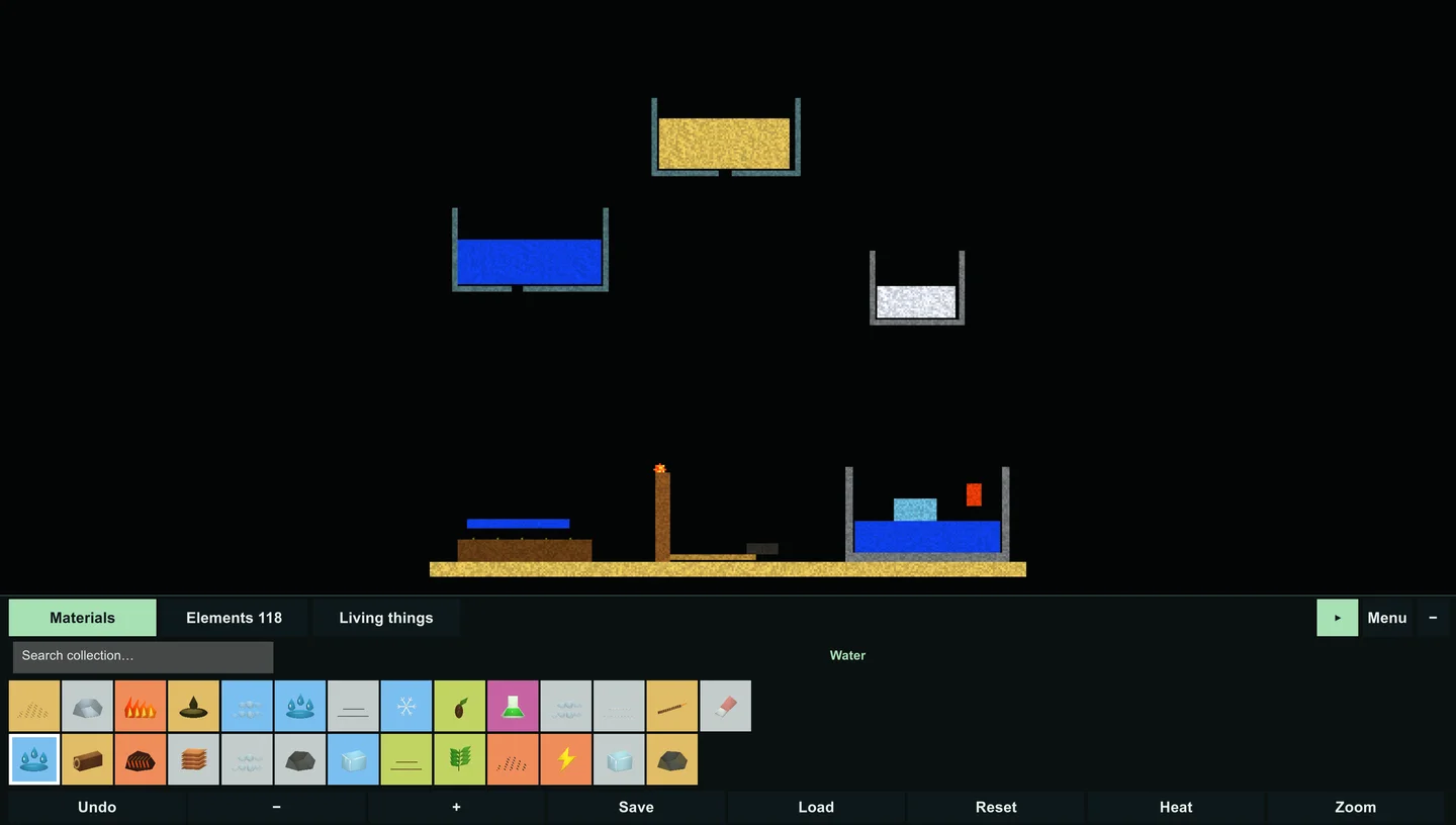 Element Lab 2D desktop development build showing sand, water and the materials drawer