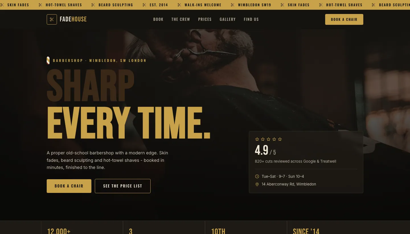 Fadehouse Barbers website prototype