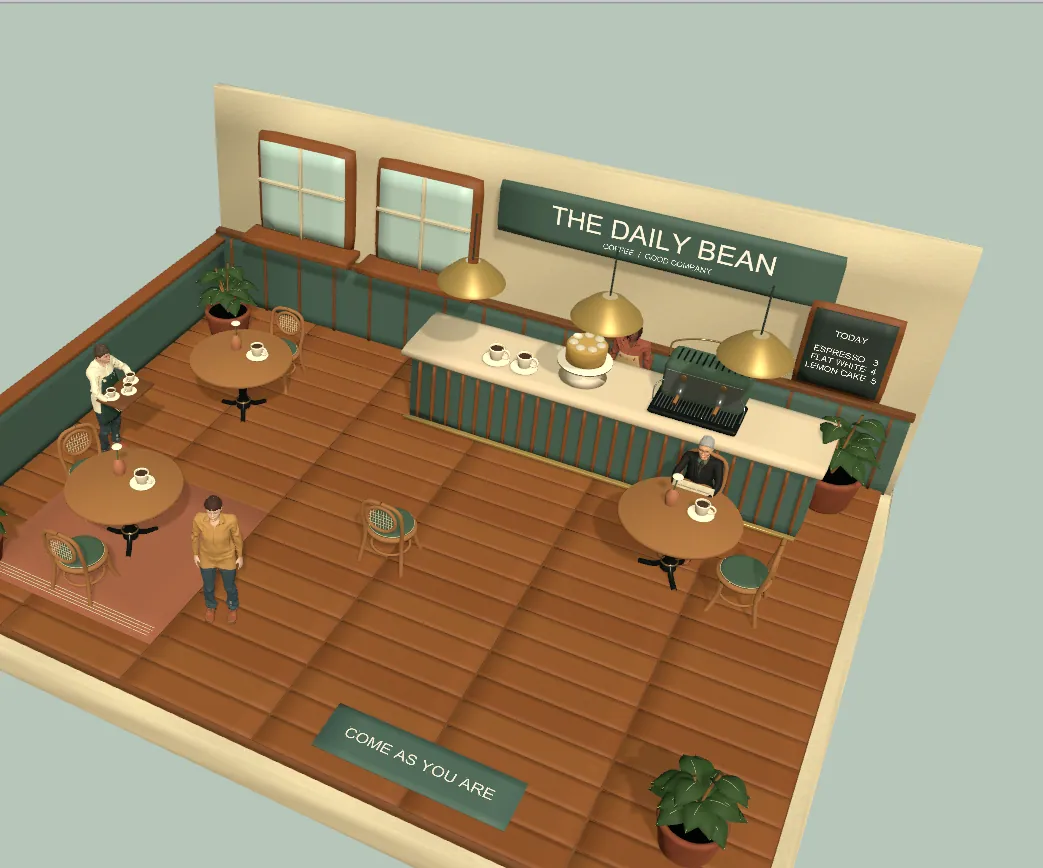 Perfectly Normal development build showing a miniature café, customers and a waiter